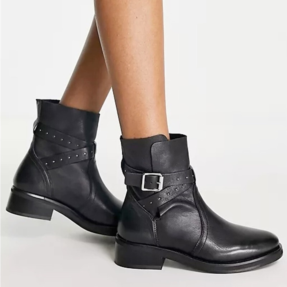 Allsaints Carla Leather Stud Strappy Buckle Ankle Boots Biker Black 40 US 10‎